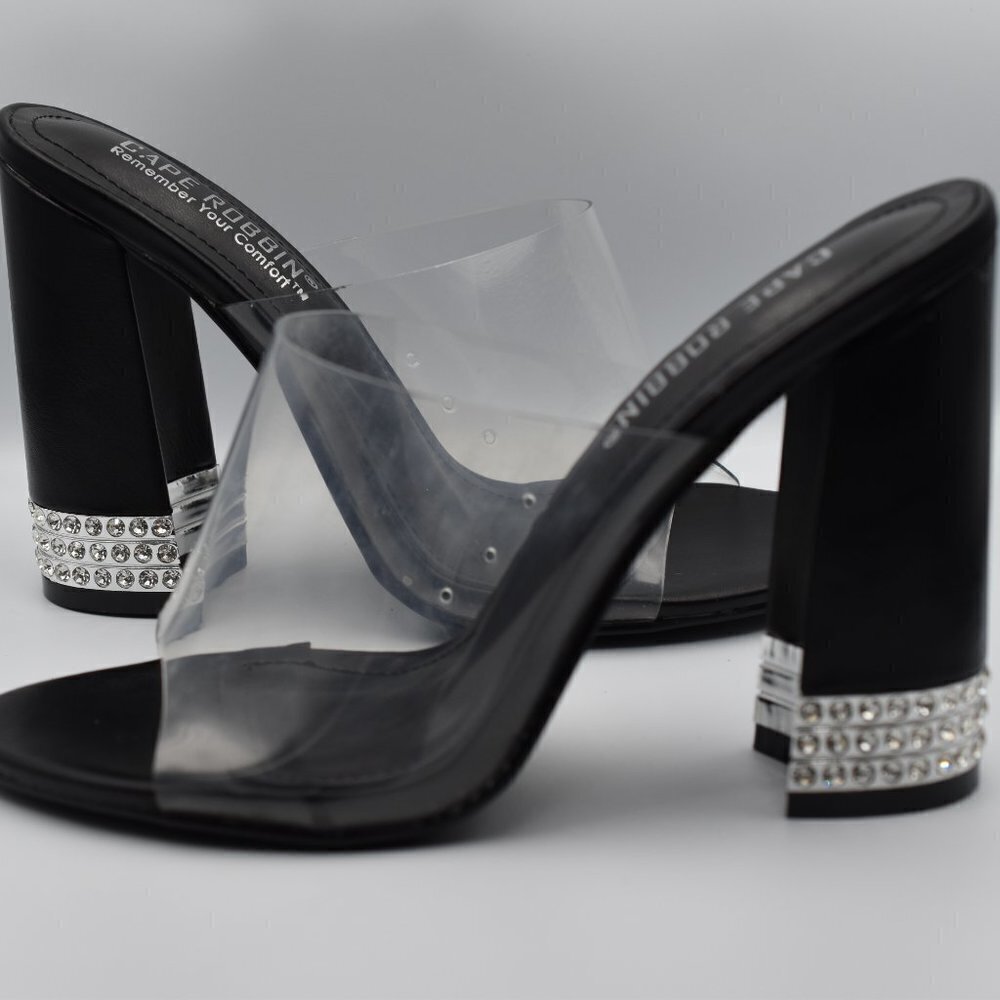 Party Shoes Cape Robbin Clear and Black Open Toe Rhinestone Heels
